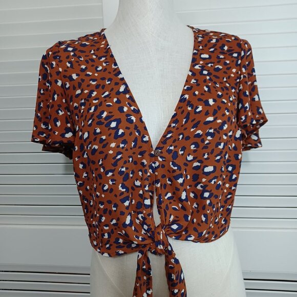 Beecool Tie Front Top Animal Print Cropped Womens Large - Picture 3 of 12